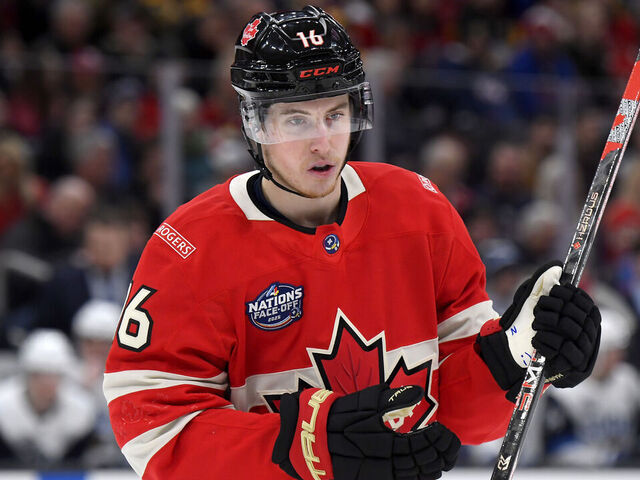 BOSTON, MASSACHUSETTS - FEBRUARY 17: Mitchell Marner #16 of Team Canada looks on during a break in play in the first period of the 4 Nations Face-Off between Team Canada and Team Finland at TD Garden on February 17, 2025 in Boston, Massachusetts.