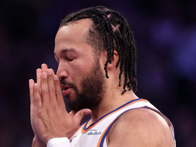 NEW YORK, NEW YORK - FEBRUARY 20: Jalen Brunson #11 of the New York Knicks looks on before the game against the Chicago Bulls at Madison Square Garden on February 20, 2025 in New York City. User expressly acknowledges and agrees that, by downloading and or using this photograph, User is consenting to the terms and conditions of the Getty Images License Agreement.