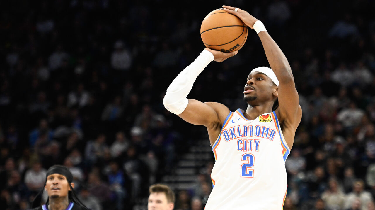 SALT LAKE CITY, UTAH - FEBRUARY 21: Shai Gilgeous-Alexander #2 of the Oklahoma City Thunder shoots during the second half of a game against the Utah Jazz at Delta Center on February 21, 2025 in Salt Lake City, Utah.