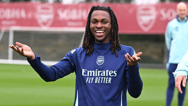 LONDON COLNEY, ENGLAND - OCTOBER 25: Zane Monlouis of Arsenal during a training session at Sobha Realty Training Centre on October 25, 2024 in London Colney, England.