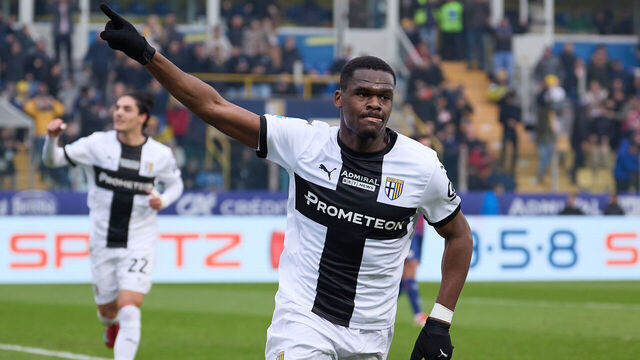 PARMA, ITALY - FEBRUARY 22: Ange-Yoan Bonny of Parma Calcio celebrates after scoring his team's first goal during the Serie A match between Parma and Bologna at Stadio Ennio Tardini on February 22, 2025 in Parma, Italy.