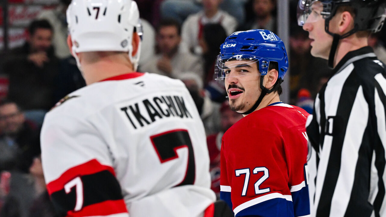 MONTREAL, CANADA - OCTOBER 12: Arber Xhekaj #72 of the Montreal Canadiens has a few words for Brady Tkachuk #7 of the Ottawa Senators during the third period at the Bell Centre on October 12, 2024 in Montreal, Quebec, Canada. The Montreal Canadiens defeated the Ottawa Senators 4-1.