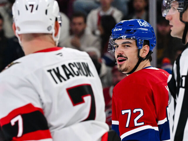 MONTREAL, CANADA - OCTOBER 12: Arber Xhekaj #72 of the Montreal Canadiens has a few words for Brady Tkachuk #7 of the Ottawa Senators during the third period at the Bell Centre on October 12, 2024 in Montreal, Quebec, Canada. The Montreal Canadiens defeated the Ottawa Senators 4-1.