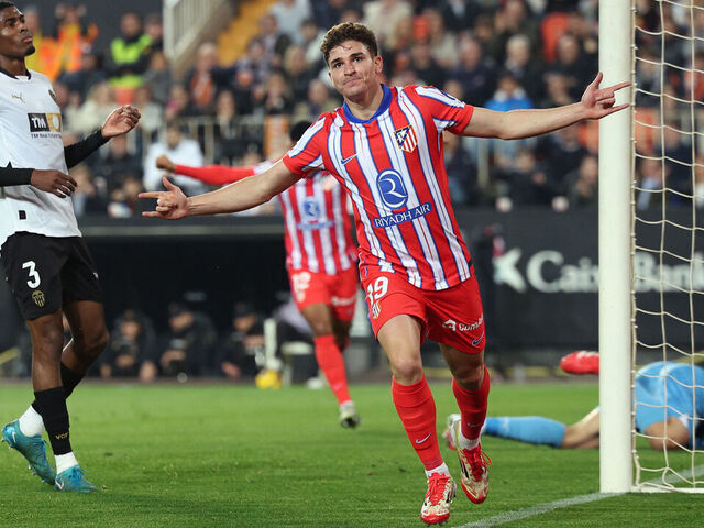 VALENCIA, SPAIN - FEBRUARY 22: Julian Alvarez of Atletico Madrid celebrates the second goal 0-2 during the LaLiga EA Sports match between Valencia v Atletico Madrid at the Estadio de Mestalla on February 22, 2025 in Valencia Spain