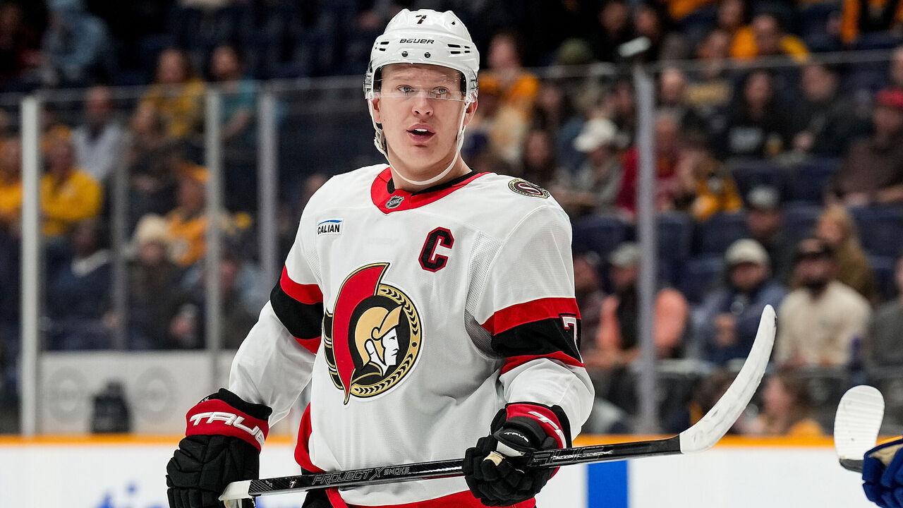 NASHVILLE, TENNESSEE - FEBRUARY 3: Brady Tkachuk #7 of the Ottawa Senators skates against the Nashville Predators during an NHL game at Bridgestone Arena on February 3, 2025 in Nashville, Tennessee.