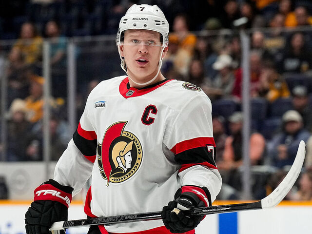NASHVILLE, TENNESSEE - FEBRUARY 3: Brady Tkachuk #7 of the Ottawa Senators skates against the Nashville Predators during an NHL game at Bridgestone Arena on February 3, 2025 in Nashville, Tennessee.