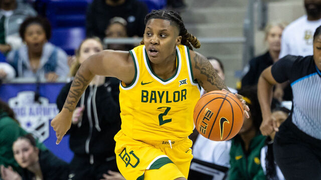 FORT WORTH, TX - JANUARY 26: Baylor Bears guard Yaya Felder (#2) dribbles up court during the Big 12 college basketball game between the TCU Horned Frogs and Baylor Bears on January 26, 2025 at Ed & Rae Schollmaier Arena in Fort Worth, Texas.