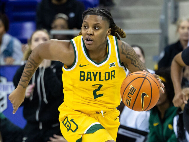 FORT WORTH, TX - JANUARY 26: Baylor Bears guard Yaya Felder (#2) dribbles up court during the Big 12 college basketball game between the TCU Horned Frogs and Baylor Bears on January 26, 2025 at Ed & Rae Schollmaier Arena in Fort Worth, Texas.