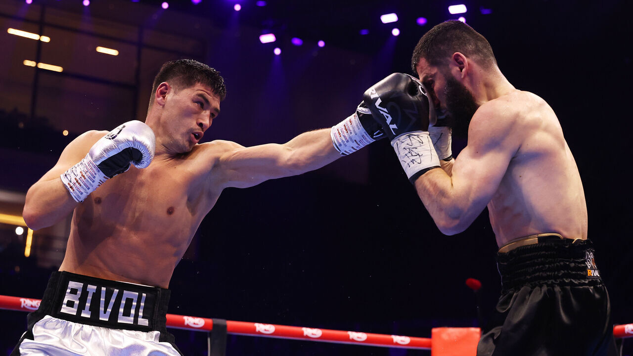 RIYADH, SAUDI ARABIA - FEBRUARY 22: Dmitrii Bivol punches Artur Beterbiev during the Undisputed IBF, IBO, WBC and WBO World Light Heavyweight Titles' fight between Artur Beterbiev and Dmitrii Bivol as part of Beterbiev v Bivol 2: The Last Crescendo at Kingdom Arena on February 22, 2025 in Riyadh, Saudi Arabia.