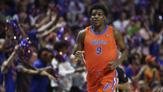 GAINESVILLE, FLORIDA - FEBRUARY 04: Rueben Chinyelu #9 of the Florida Gators looks on during the first half of a game against the Vanderbilt Commodores at Stephen C. O'Connell Center on February 04, 2025 in Gainesville, Florida.