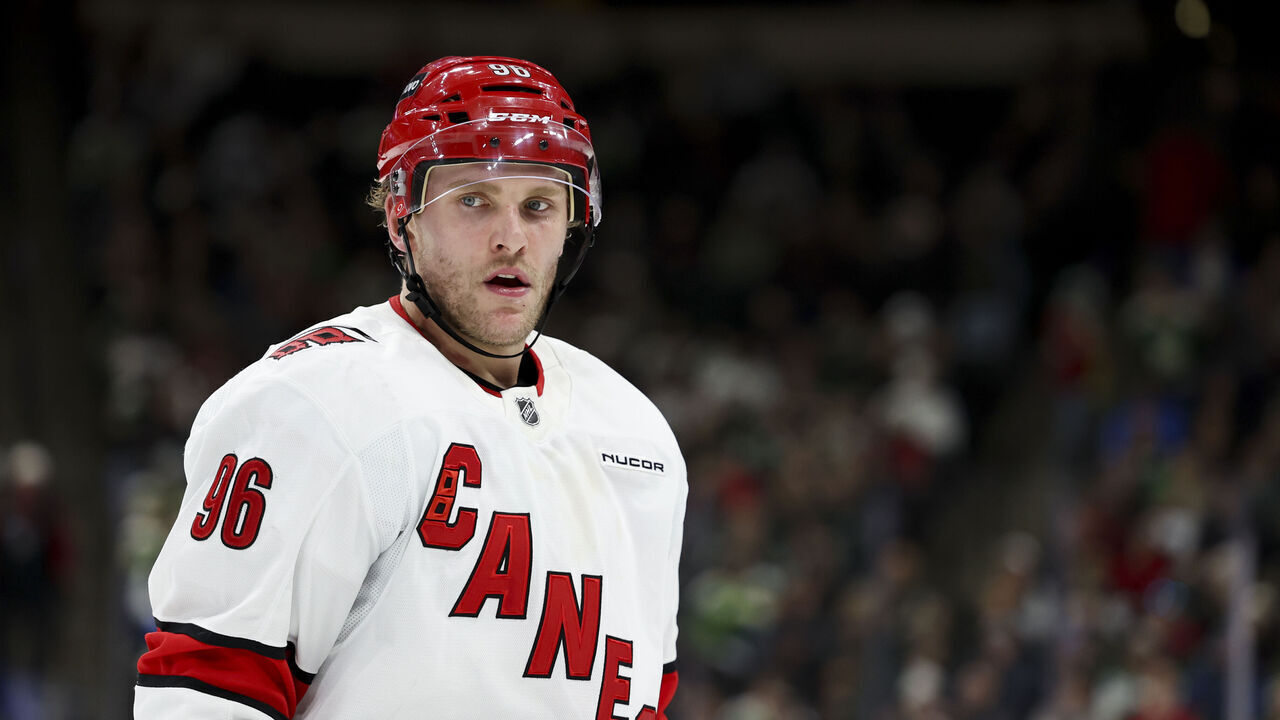 ST PAUL, MINNESOTA - FEBRUARY 06: Mikko Rantanen #96 of the Carolina Hurricanes skates on the ice in the third period of a game against the Minnesota Wild at Xcel Energy Center on February 06, 2025 in St Paul, Minnesota.