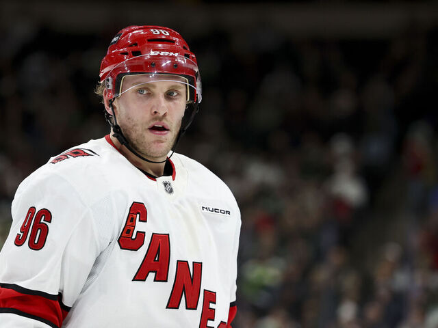 ST PAUL, MINNESOTA - FEBRUARY 06: Mikko Rantanen #96 of the Carolina Hurricanes skates on the ice in the third period of a game against the Minnesota Wild at Xcel Energy Center on February 06, 2025 in St Paul, Minnesota.