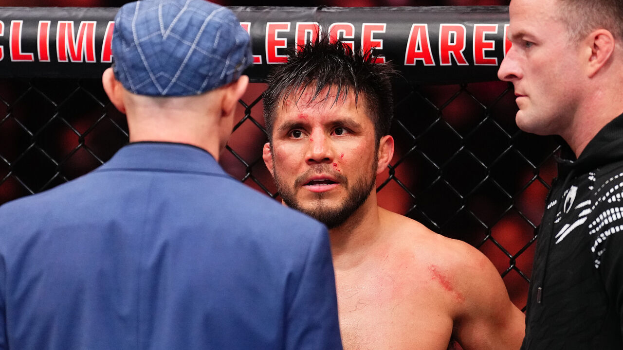 SEATTLE, WASHINGTON - FEBRUARY 22: Henry Cejudo reacts after a n eye poke from Song Yadong of China in a bantamweight fight during the UFC Fight Night event at Climate Pledge Arena on February 22, 2025 in Seattle, Washington.