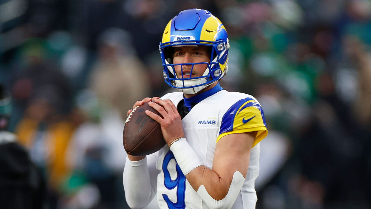 PHILADELPHIA, PENNSYLVANIA - JANUARY 19: Matthew Stafford #9 of the Los Angeles Rams warms up on the field prior to the NFC Divisional Playoff game against the Philadelphia Eagles at Lincoln Financial Field on January 19, 2025 in Philadelphia, Pennsylvania.