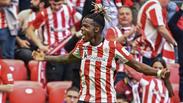 Athletic Bilbao's Spanish forward #10 Nico Williams celebrates scoring their second goal during the Spanish league football match between Athletic Club Bilbao and Real Valladolid FC at San Mames Stadium in Bilbao on February 23, 2025.
