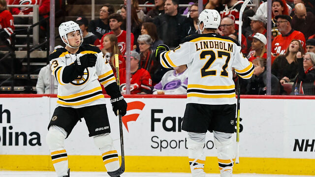RALEIGH, NC - OCTOBER 31: Charlie McAvoy #73 of the Boston Bruins and Hampus Lindholm #27 celebrate during the second period of the game against the Carolina Hurricanes at Lenovo Center on October 31, 2024 in Raleigh, North Carolina. Canes defeat the Bruins 8-2.