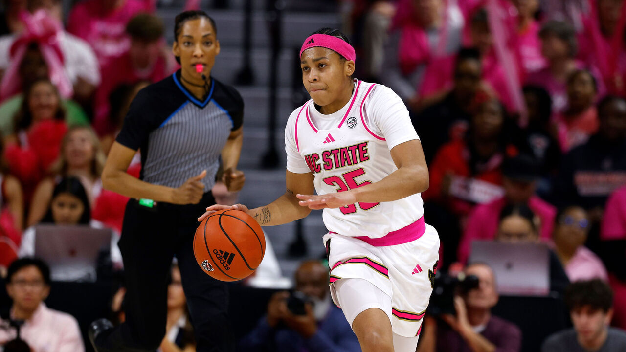 RALEIGH, NORTH CAROLINA - FEBRUARY 3: Zoe Brooks #35 of the NC State Wolfpack dribbles upcourt against the Duke Blue Devils at Reynolds Coliseum on February 3, 2025 in Raleigh, North Carolina.