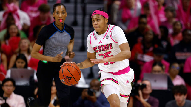 RALEIGH, NORTH CAROLINA - FEBRUARY 3: Zoe Brooks #35 of the NC State Wolfpack dribbles upcourt against the Duke Blue Devils at Reynolds Coliseum on February 3, 2025 in Raleigh, North Carolina.