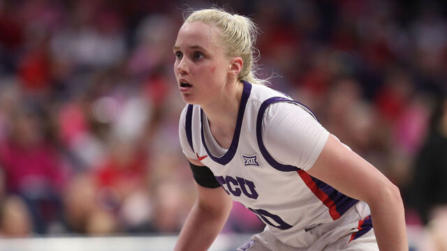 TUCSON, AZ - FEBRUARY 16: TCU Horned Frogs guard Hailey Van Lith #10 during a basketball game between the TCU Horned Frogs and the Arizona Wildcats on February 16, 2025, at McKale Center in Tucson, AZ.