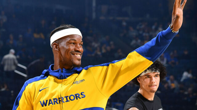 SAN FRANCISCO, CA - FEBRUARY 23: Jimmy Butler #10 of the Golden State Warriors smiles before the game against the Dallas Mavericks on February 23, 2025 at Chase Center in San Francisco, California. NOTE TO USER: User expressly acknowledges and agrees that, by downloading and or using this photograph, user is consenting to the terms and conditions of Getty Images License Agreement. Mandatory Copyright Notice: Copyright 2025 NBAE