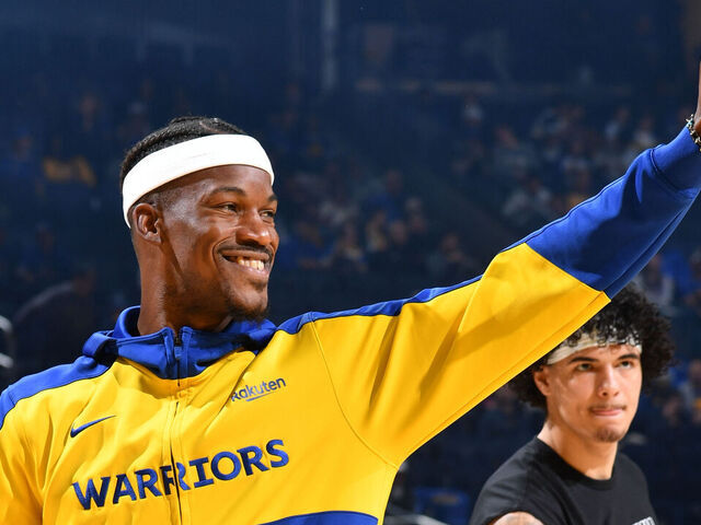 SAN FRANCISCO, CA - FEBRUARY 23: Jimmy Butler #10 of the Golden State Warriors smiles before the game against the Dallas Mavericks on February 23, 2025 at Chase Center in San Francisco, California. NOTE TO USER: User expressly acknowledges and agrees that, by downloading and or using this photograph, user is consenting to the terms and conditions of Getty Images License Agreement. Mandatory Copyright Notice: Copyright 2025 NBAE
