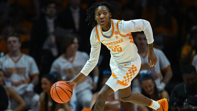 KNOXVILLE, TN - FEBRUARY 20: Tennessee Lady Vols guard Talaysia Cooper (55) pushes the ball up the court during the women's college basketball game between the Tennessee Lady Vols and the Alabama Crimson Tide on February 20, 2025, at Food City Center in Knoxville, TN.