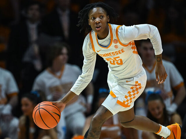 KNOXVILLE, TN - FEBRUARY 20: Tennessee Lady Vols guard Talaysia Cooper (55) pushes the ball up the court during the women's college basketball game between the Tennessee Lady Vols and the Alabama Crimson Tide on February 20, 2025, at Food City Center in Knoxville, TN.