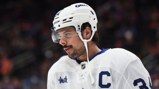 EDMONTON, CANADA - FEBRUARY 1: Auston Matthews #34 of the Toronto Maple Leafs warms up prior to the game against the Edmonton Oilers at Rogers Place on February 1, 2025, in Edmonton, Alberta, Canada.
