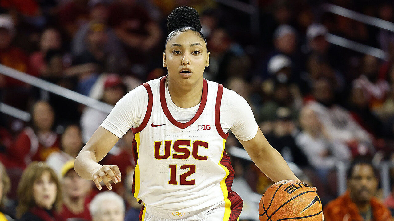 LOS ANGELES, CALIFORNIA - FEBRUARY 08: JuJu Watkins #12 of the USC Trojans in the second half at Galen Center on February 08, 2025 in Los Angeles, California.