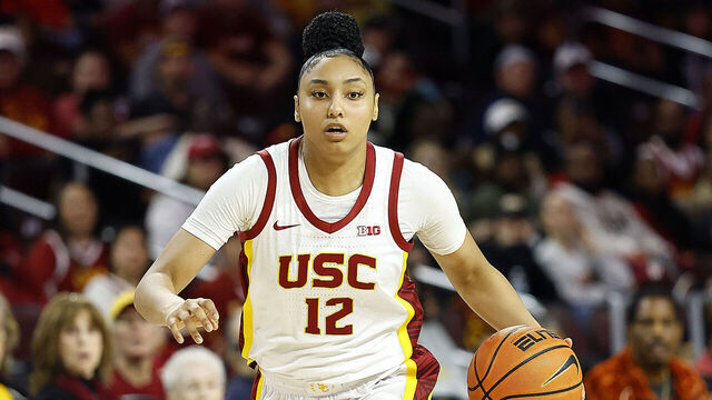 LOS ANGELES, CALIFORNIA - FEBRUARY 08: JuJu Watkins #12 of the USC Trojans in the second half at Galen Center on February 08, 2025 in Los Angeles, California.