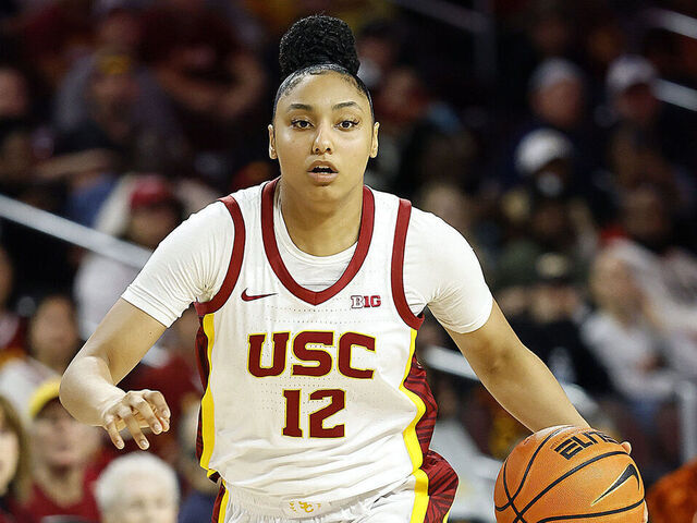LOS ANGELES, CALIFORNIA - FEBRUARY 08: JuJu Watkins #12 of the USC Trojans in the second half at Galen Center on February 08, 2025 in Los Angeles, California.