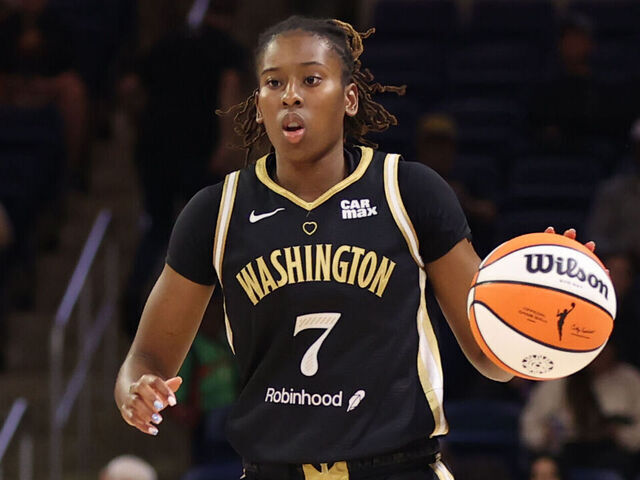 WASHINGTON, D.C. - SEPTEMBER 17: Ariel Atkins #7 of the Washington Mystics dribbles the ball during the game against the New York Liberty on September 17, 2024 at Entertainment and Sports Arena in Washington, D.C. Mandatory Copyright Notice: Copyright 2024 NBAE
