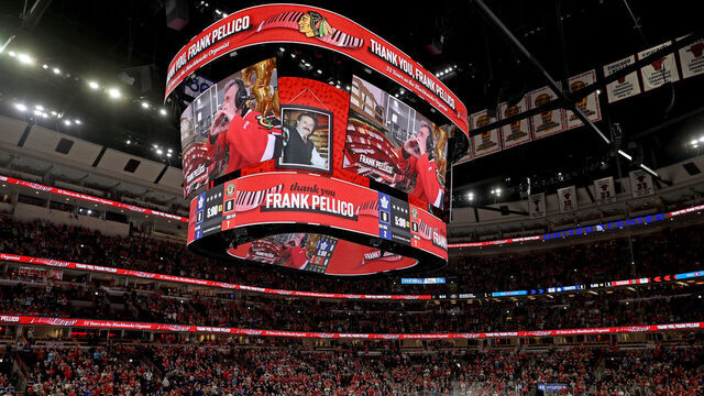 CHICAGO, ILLINOIS - FEBRUARY 23: The Chicago Blackhawks organist Frank Pellico is honored as he retires after 33 years during the game between the Chicago Blackhawks and the Toronto Maple Leafs at the United Center on February 23, 2025 in Chicago, Illinois.