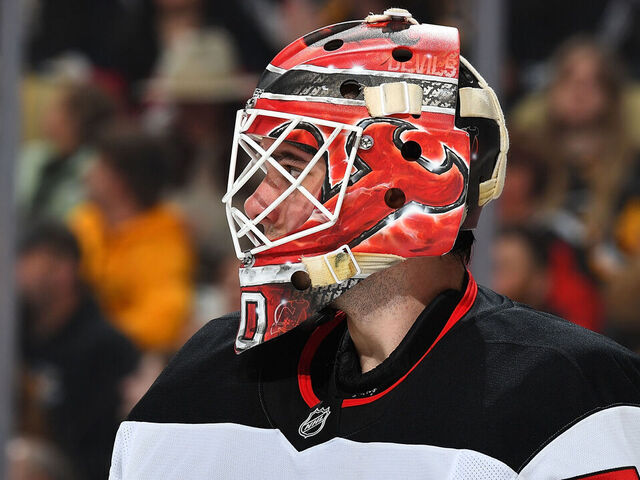 PITTSBURGH, PA - FEBRUARY 4: Nico Daws #50 of the New Jersey Devils skates during the game against the Pittsburgh Penguins at PPG PAINTS Arena on February 4, 2025 in Pittsburgh, Pennsylvania.