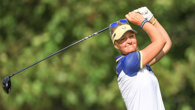 GAINESVILLE, VIRGINIA - SEPTEMBER 15: Anna Nordqvist of Sweden and The European Team plays her tee shot on the third hole in her match against Allisen Corpuz during the singles matches on the final day of the 2024 Solheim Cup at The Robert Trent Jones Golf Club on September 15, 2024 in Gainesville, Virginia.