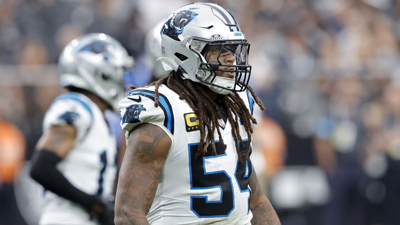 LAS VEGAS, NEVADA - SEPTEMBER 22: Shaq Thompson #54 of the Carolina Panthers celebrates a defensive play during a game against the Las Vegas Raiders at Allegiant Stadium on September 22, 2024 in Las Vegas, Nevada.