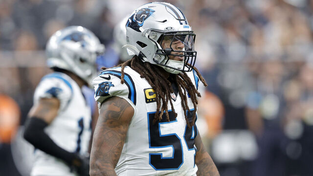 LAS VEGAS, NEVADA - SEPTEMBER 22: Shaq Thompson #54 of the Carolina Panthers celebrates a defensive play during a game against the Las Vegas Raiders at Allegiant Stadium on September 22, 2024 in Las Vegas, Nevada.