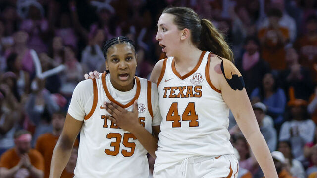 AUSTIN, TX - FEBRUARY 16: Texas Longhorns forward Madison Booker (35) and Texas Longhorns forward Taylor Jones (44) react at the end of the third quarter against the LSU Lady Tigers during the game on February 16, 2025, at the Moody Center in Austin, TX.