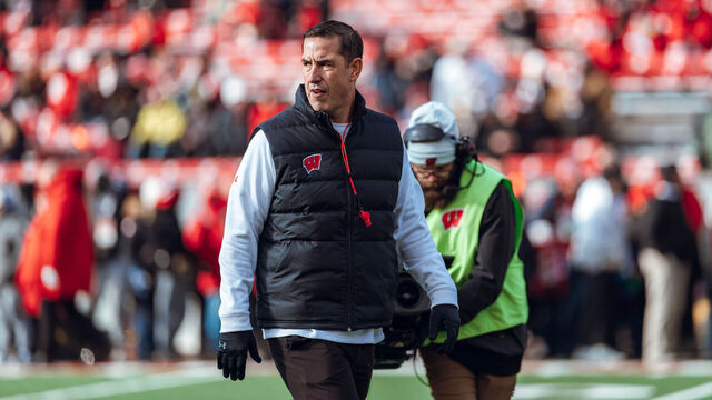 Wisconsin Badgers Head Coach Luke Fickell takes the field ahead of the Wisconsin Badgers vs. Minnesota Golden Gophers game at Camp Randall Stadium in Madison, Wisconsin, on November 29, 2024.
