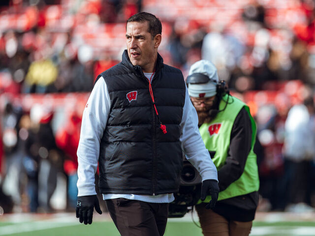 Wisconsin Badgers Head Coach Luke Fickell takes the field ahead of the Wisconsin Badgers vs. Minnesota Golden Gophers game at Camp Randall Stadium in Madison, Wisconsin, on November 29, 2024.