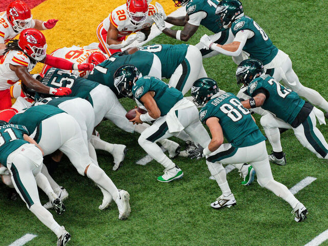 NEW ORLEANS, LA - FEBRUARY 09: Philadelphia Eagles quarterback Jalen Hurts (1) scores touchdown on a tush push during Super Bowl LIX between the Philadelphia Eagles and the Kansas City Chiefs on February 9, 2025 at the Superdome in New Orleans, LA.