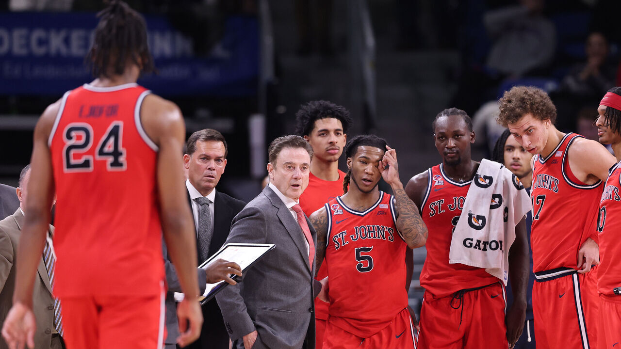 CHICAGO, ILLINOIS - FEBRUARY 19: Head coach Rick Pitino of the St. John's Red Storm looks on against the DePaul Blue Demons during the first half at Wintrust Arena on February 19, 2025 in Chicago, Illinois.