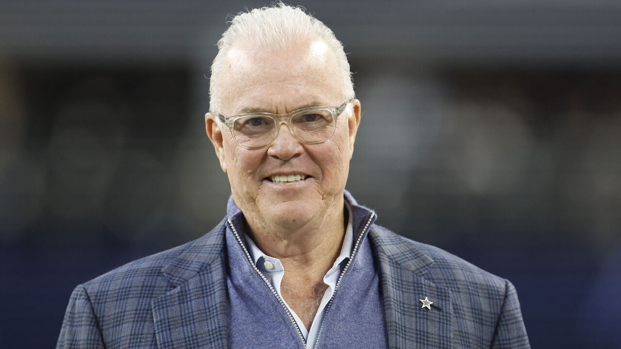 ARLINGTON, TEXAS - DECEMBER 22: Stephen Jones of the Dallas Cowboys looks on prior to a game against the Tampa Bay Buccaneers at AT&T Stadium on December 22, 2024 in Arlington, Texas.