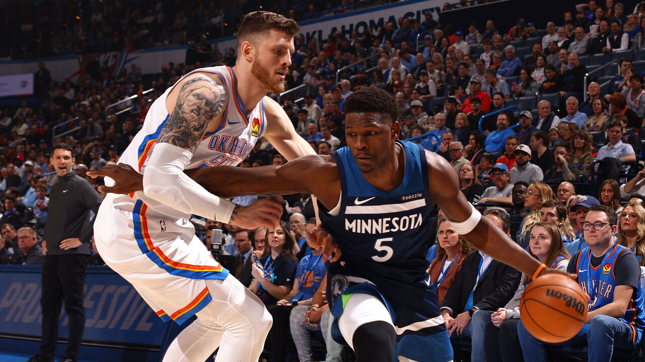 OKLAHOMA CITY, OK - FEBRUARY 24: Anthony Edwards #5 of the Minnesota Timberwolves handles the ball during the game against the Oklahoma City Thunder on February 24, 2025 at Paycom Center in Oklahoma City, Oklahoma. Mandatory Copyright Notice: Copyright 2025 NBAE