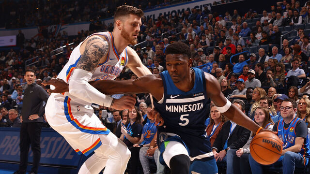 OKLAHOMA CITY, OK - FEBRUARY 24: Anthony Edwards #5 of the Minnesota Timberwolves handles the ball during the game against the Oklahoma City Thunder on February 24, 2025 at Paycom Center in Oklahoma City, Oklahoma. Mandatory Copyright Notice: Copyright 2025 NBAE