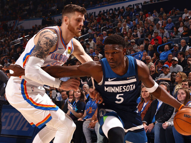 OKLAHOMA CITY, OK - FEBRUARY 24: Anthony Edwards #5 of the Minnesota Timberwolves handles the ball during the game against the Oklahoma City Thunder on February 24, 2025 at Paycom Center in Oklahoma City, Oklahoma. Mandatory Copyright Notice: Copyright 2025 NBAE