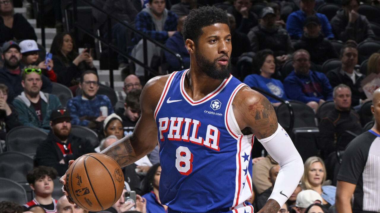 PHILADELPHIA, PA - FEBRUARY 24: Paul George #8 of the Philadelphia 76ers dribbles the ball during the game against the Chicago Bulls on February 24, 2025 at the Wells Fargo Center in Philadelphia, Pennsylvania NOTE TO USER: User expressly acknowledges and agrees that, by downloading and/or using this Photograph, user is consenting to the terms and conditions of the Getty Images License Agreement. Mandatory Copyright Notice: Copyright 2025 NBAE