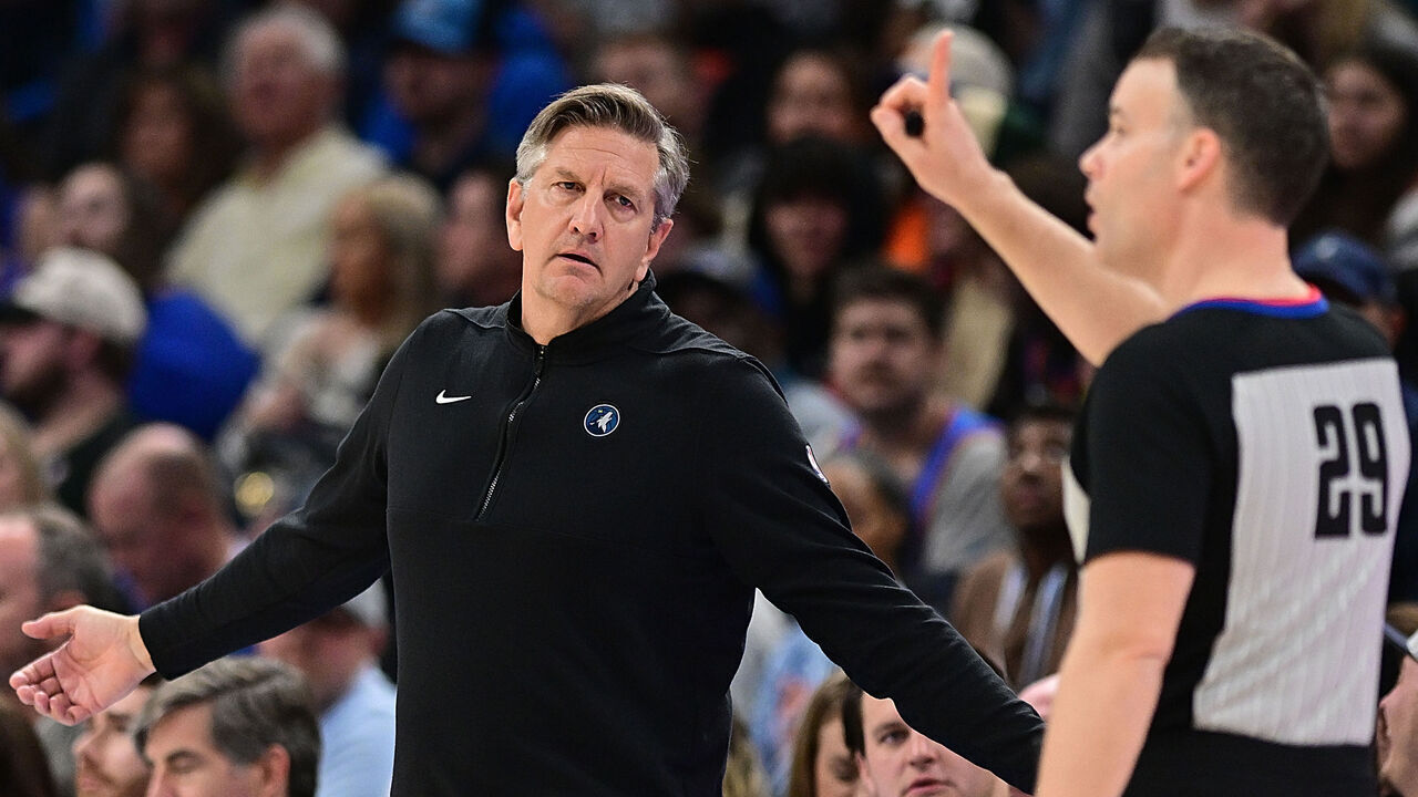 OKLAHOMA CITY, OKLAHOMA - JANUARY 29: Chris Finch of the Minnesota Timberwolves reacts to a foul call during the second half against the Oklahoma City Thunder at Paycom Center on January 29, 2024 in Oklahoma City, Oklahoma.