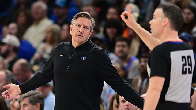 OKLAHOMA CITY, OKLAHOMA - JANUARY 29: Chris Finch of the Minnesota Timberwolves reacts to a foul call during the second half against the Oklahoma City Thunder at Paycom Center on January 29, 2024 in Oklahoma City, Oklahoma.