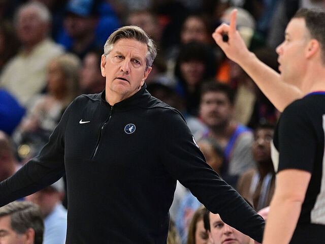 OKLAHOMA CITY, OKLAHOMA - JANUARY 29: Chris Finch of the Minnesota Timberwolves reacts to a foul call during the second half against the Oklahoma City Thunder at Paycom Center on January 29, 2024 in Oklahoma City, Oklahoma.